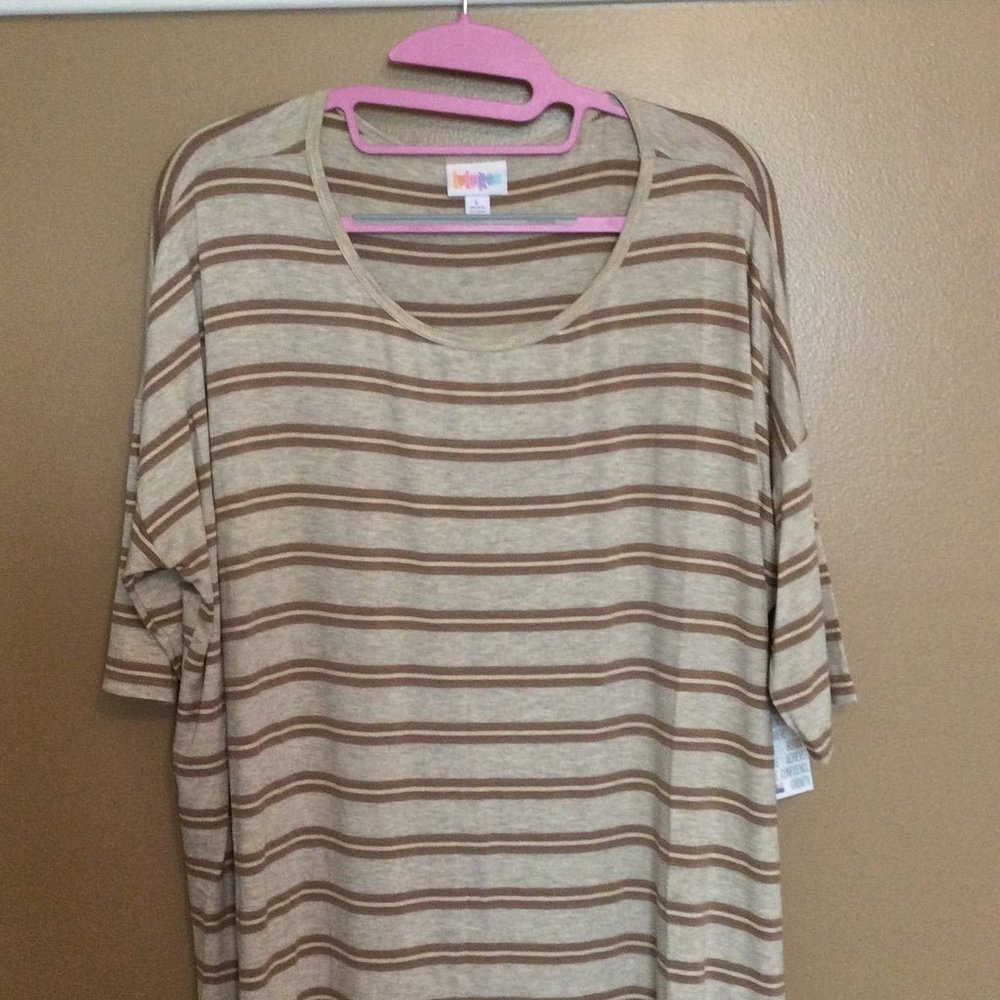New with Tags Lularoe Irma Shirt, size Large, beige with light brown stripes